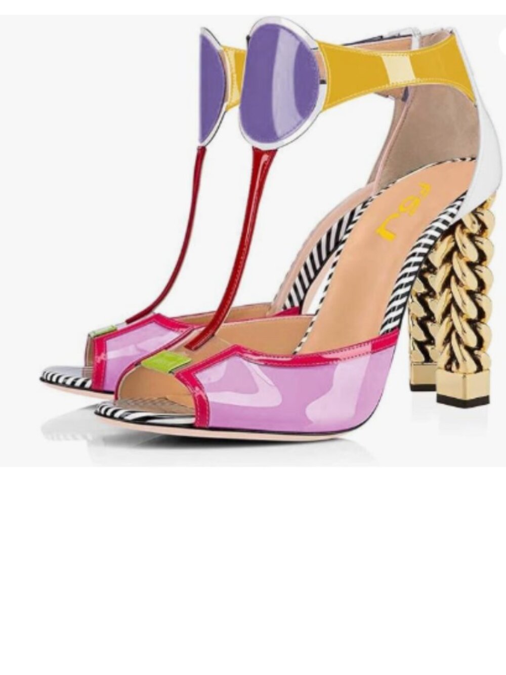 FSJ Pink White Multicolor Gold Metal Chain High Heel Peep Toe T Strappy Sandals